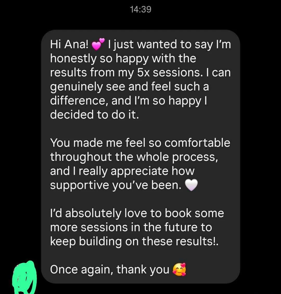 Client feedback shared with Ana’s Beauty Lab, message 1